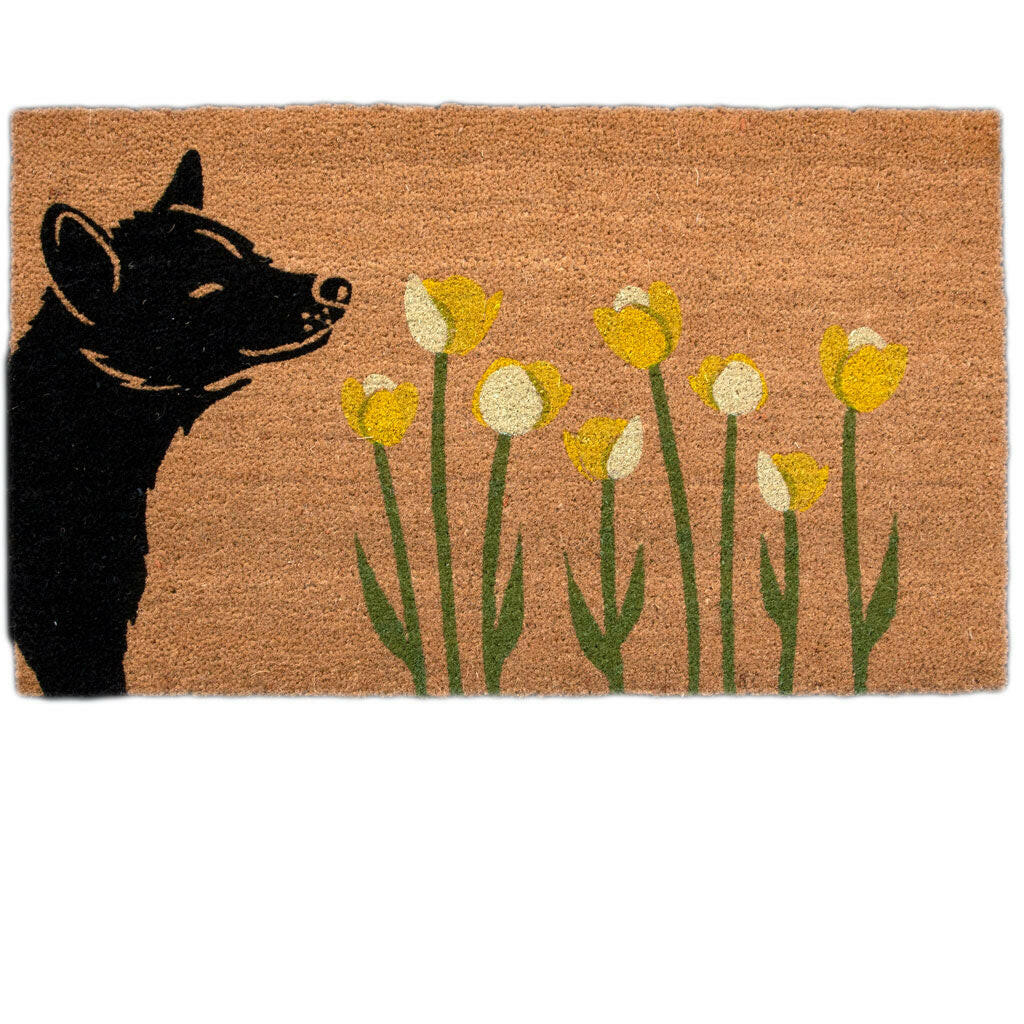 4 Cats & Dogs Spring Dog Sniff the Tulips Rectangular Entrance Mat