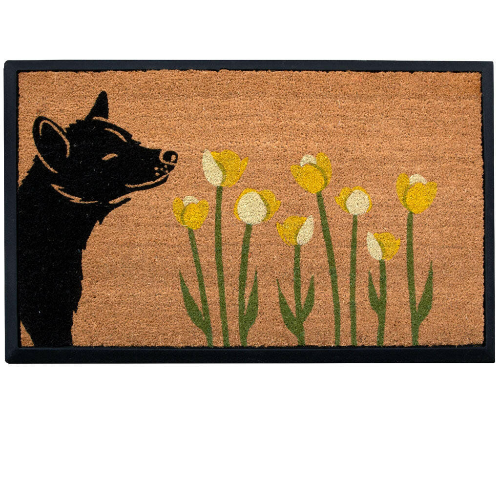 4 Cats & Dogs Spring Dog Sniff the Tulips Rectangular Entrance Mat