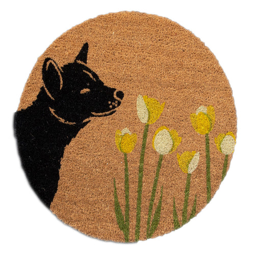 4 Cats & Dogs Spring Dog Sniff the Tulips Round Entrance Mat