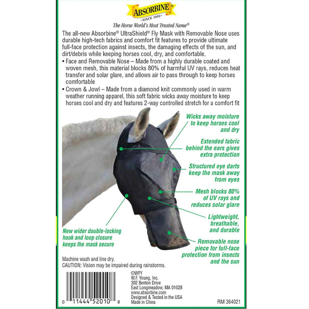 Absorbine UltraShield Fly Mask Removable Nose without Ears for Horses
