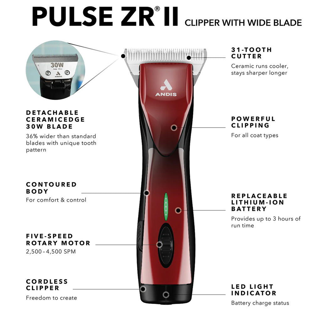 Andis DBLV-2-Pulse ZRA II 5-Speed Cordless Detachable Blade w/ CE 30w Wide Blade, Red
