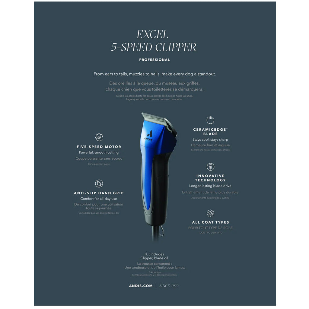 Andis ProClip Excel 5-Speed Detachable Blade Cat & Dog Hair Grooming Clipper, Indigo Blue