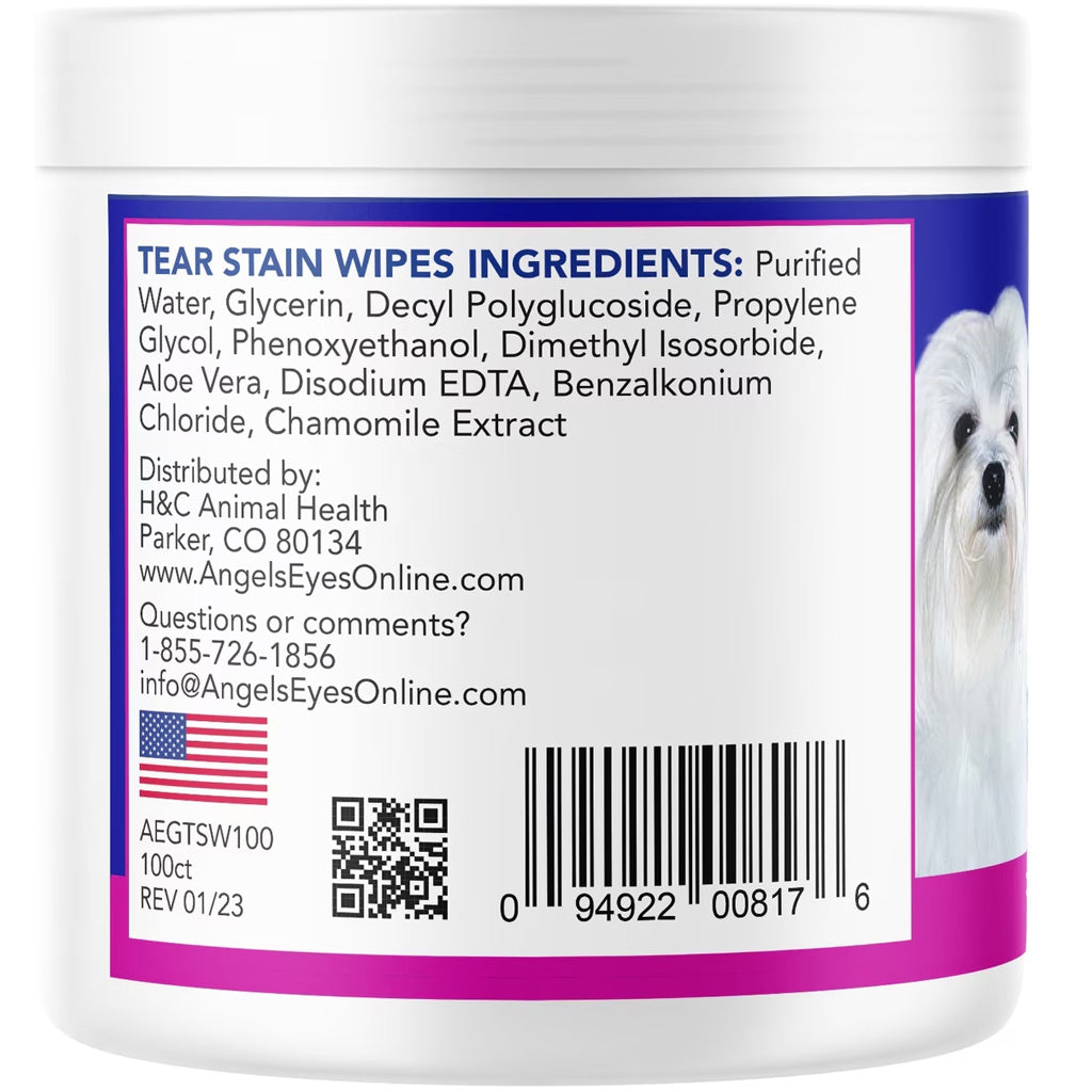 Angel's Eyes Face Eye & Paw Cleansing & Tear Stain Wipe for Dogs & Cats, 100 Count