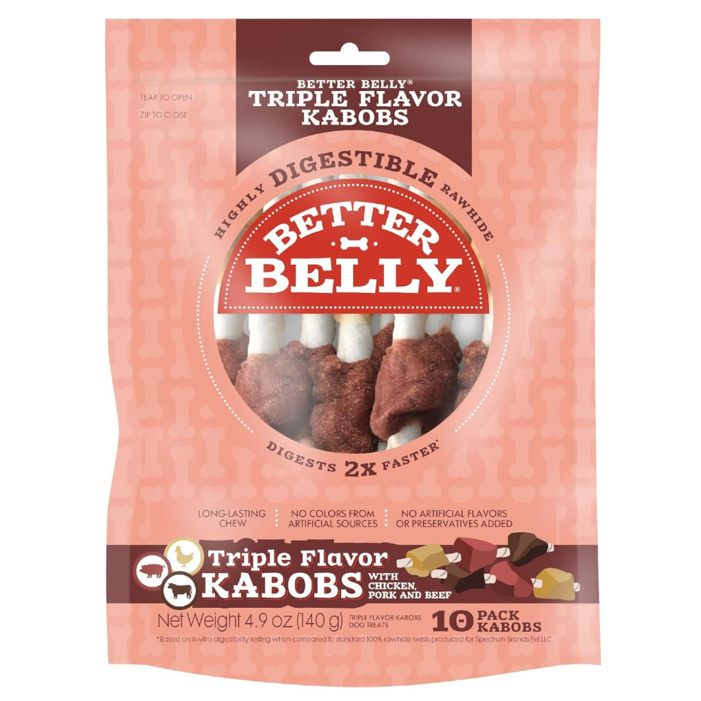 Better Belly Rawhide Triple Flavor Chicken, Pork & Beef Kabob Treats For Dog (10 pack)