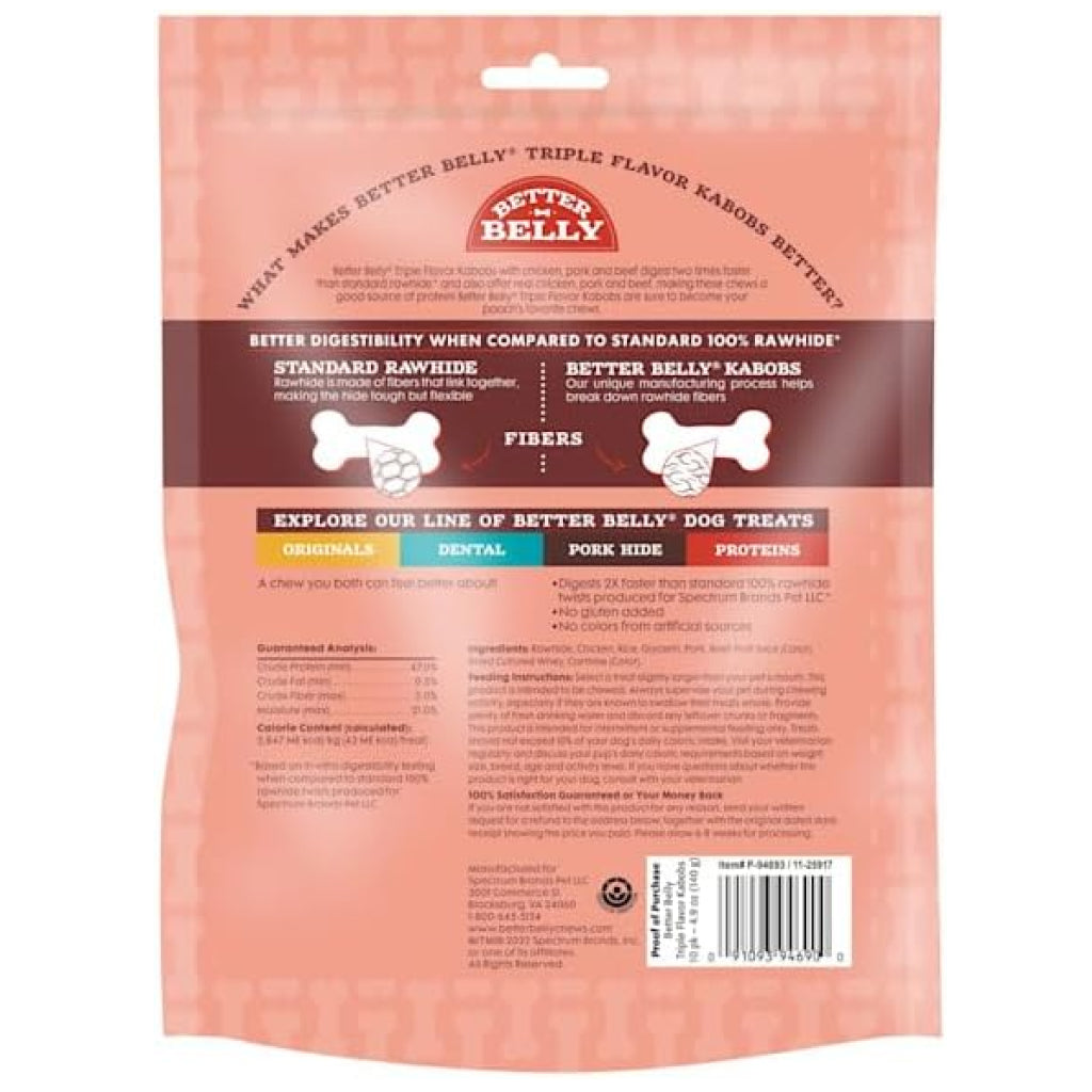 Better Belly Rawhide Triple Flavor Chicken, Pork & Beef Kabob Treats For Dog (10 pack)