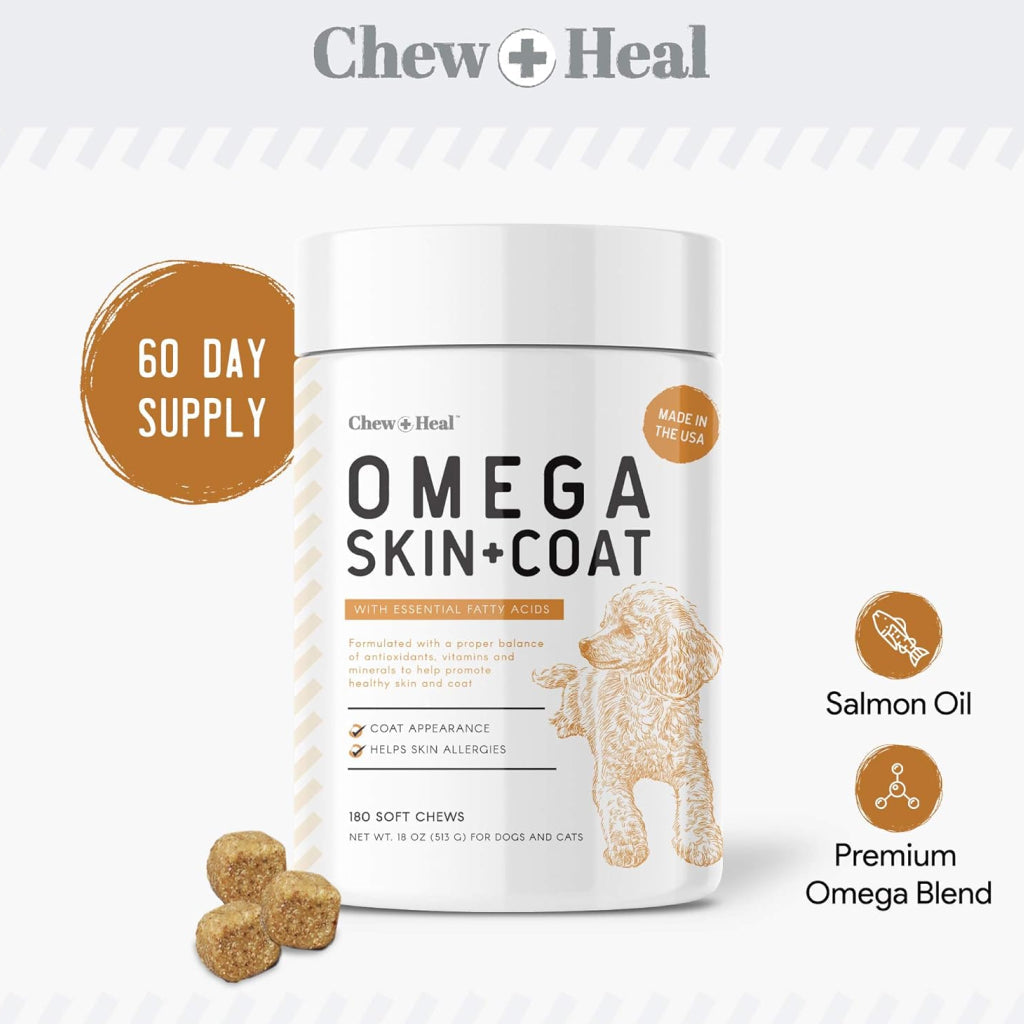Chew + Heal Omega Skin + Coat Supplement for Dogs (180 soft chews)