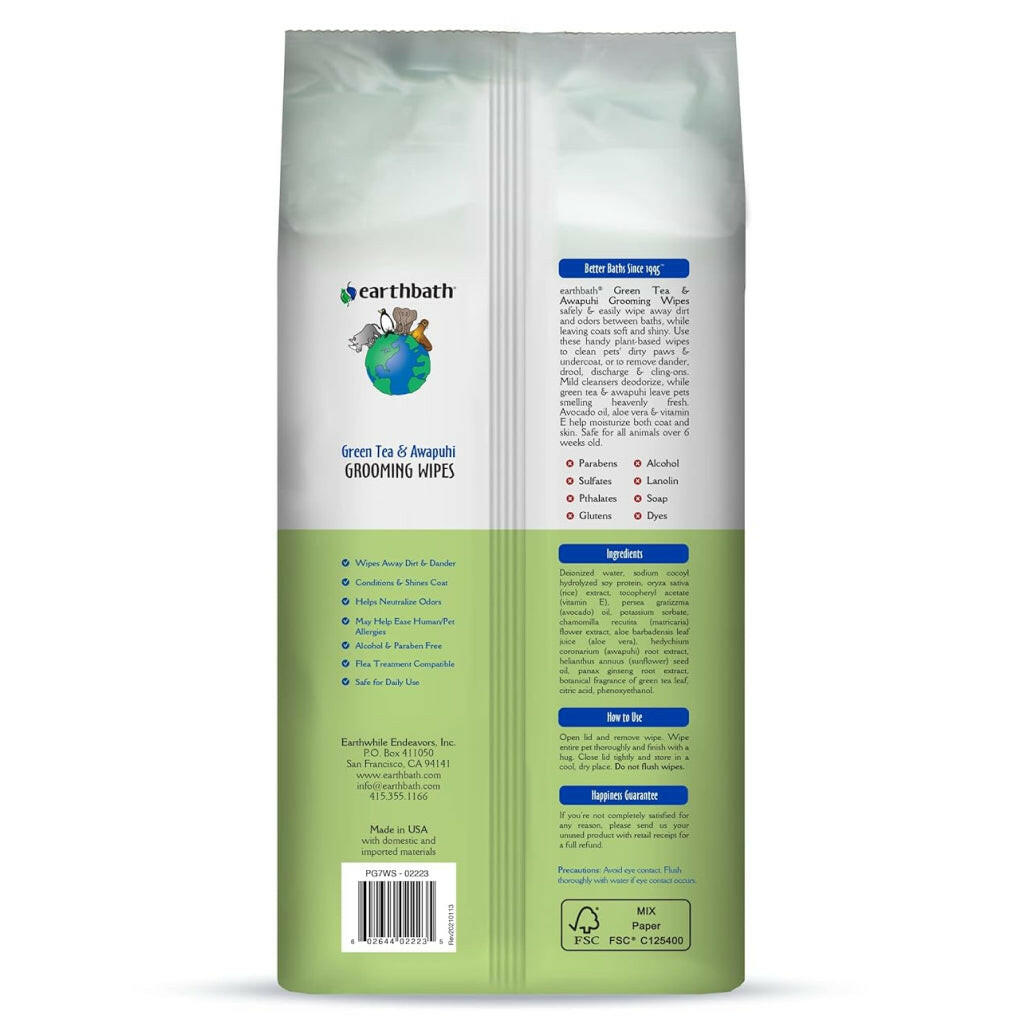 Earthbath Green Tea & Awapuhi Grooming Wipes for Dogs & Cats (100 ct)