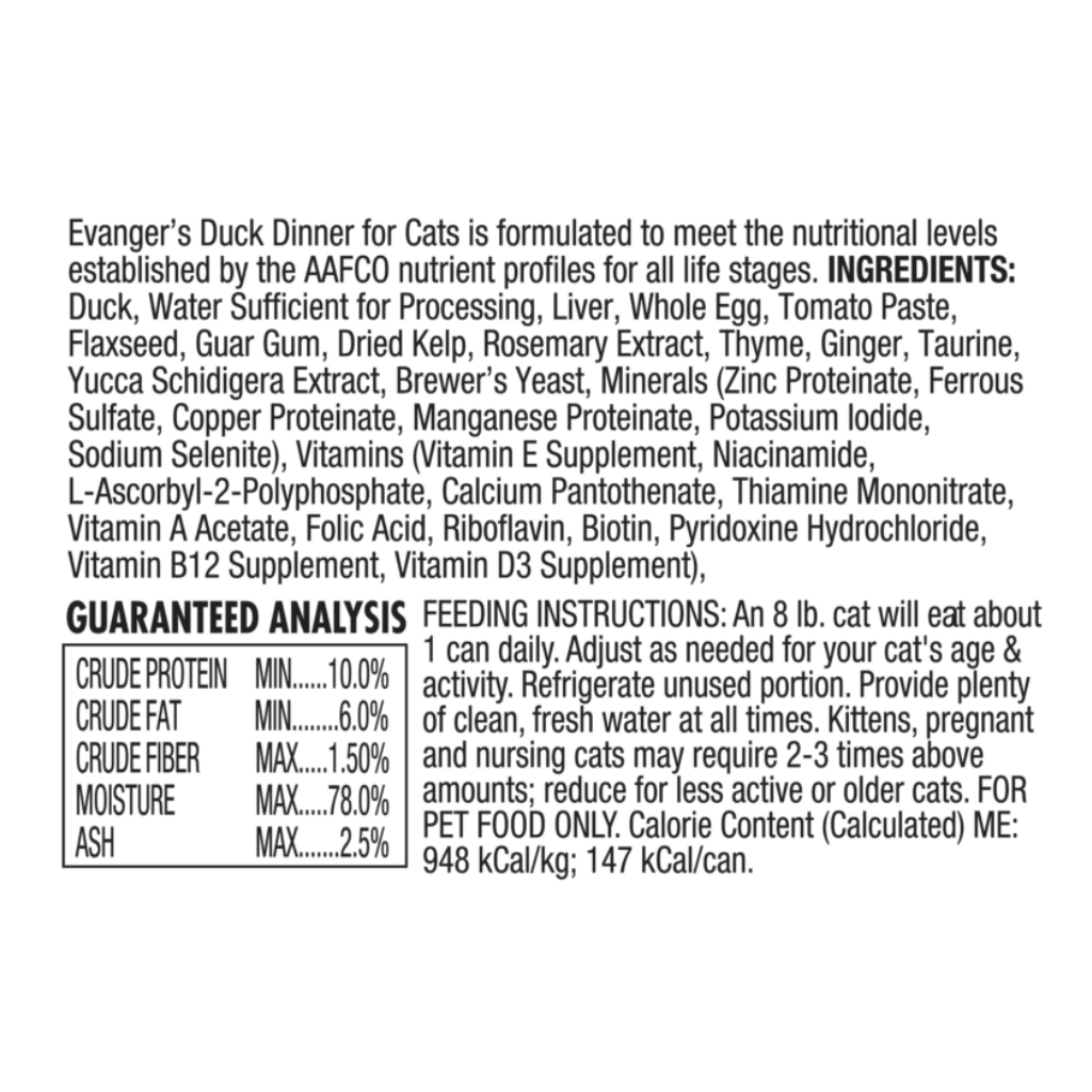 Evanger's Super Premium Duck Dinner Grain-Free Wet Cat Food, (5.5-oz x 24 cans)