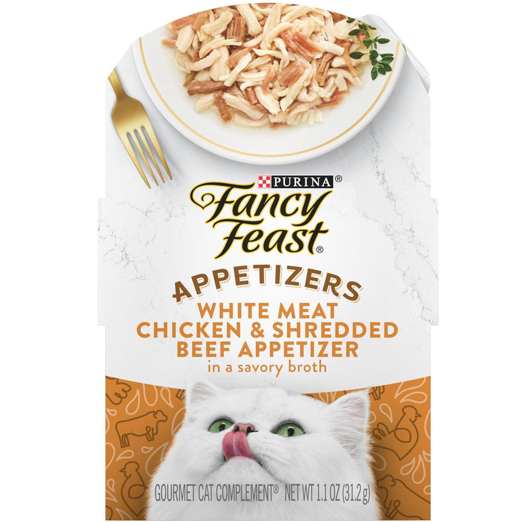Fancy Feast Appetizers Grain-Free White Meat Chicken & Shredded Beef Appetizer in Savory Broth Wet Cat Food, 1.1-oz tray, case of 10