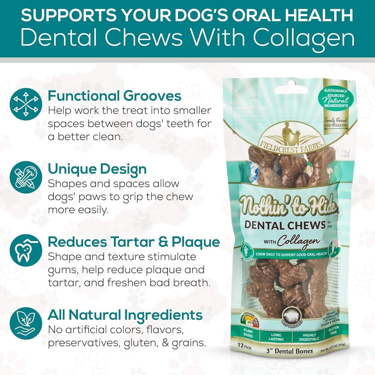 Fieldcrest Farms Nothin' to Hide Dental Wave Beef Dog Treat, 8-pack
