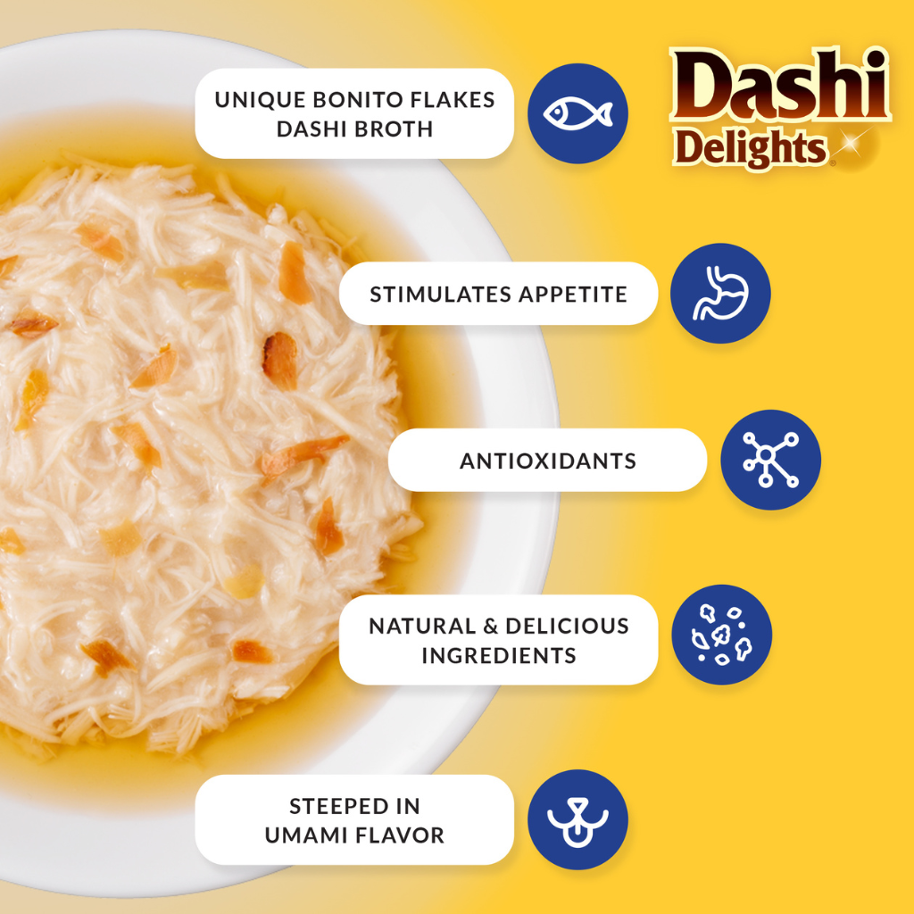 Inaba Dashi Delights Chicken with Tuna & Salmon Recipe Flakes in Broth Cat Food Topping, 2.5-oz cup (Pack of 6)