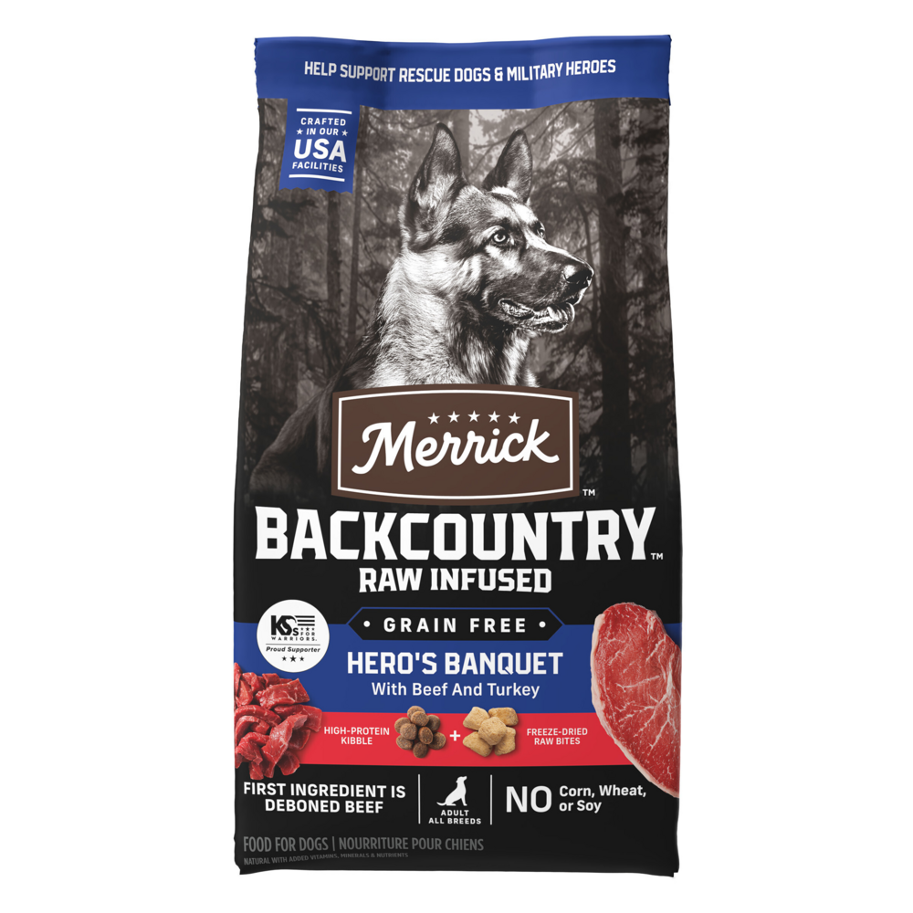 Merrick Backcountry Grain Free Dry Adult Dog Food, Kibble With Freeze Dried Raw Pieces Heros Banquet Recipe, 20-lb