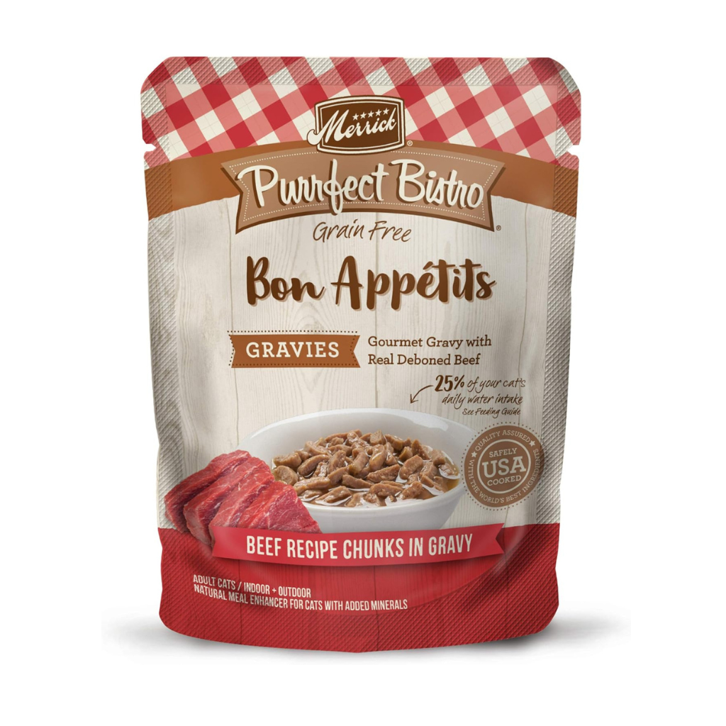 Merrick Purrfect Bistro Grain Free Bon Appetits Gravies Adult Wet Cat Food, Beef Recipe Chunks in Gravy (3 oz x 24 pouches)
