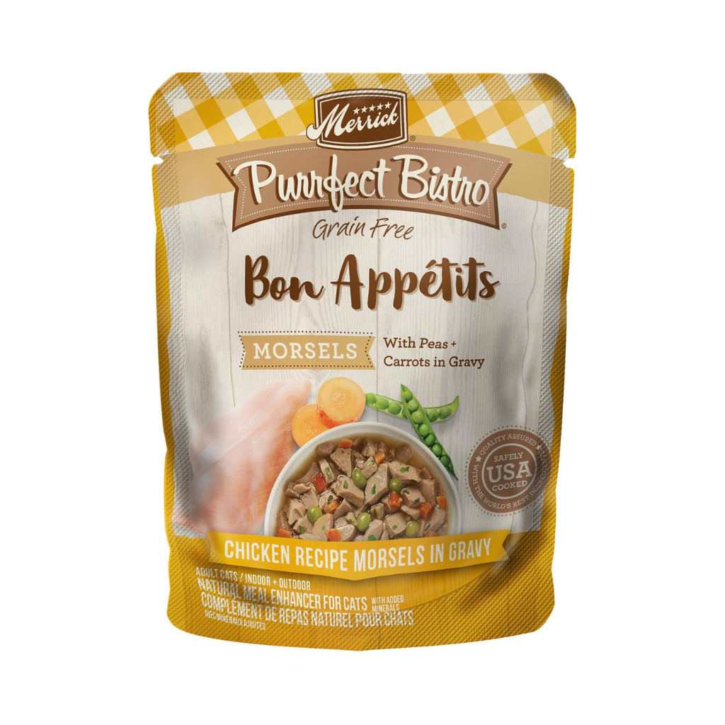 Merrick Purrfect Bistro Grain Free Bon Appetits Morsels Adult Wet Cat Food, Chicken Recipe Morsels in Gravy (3 oz x 24 pouches)