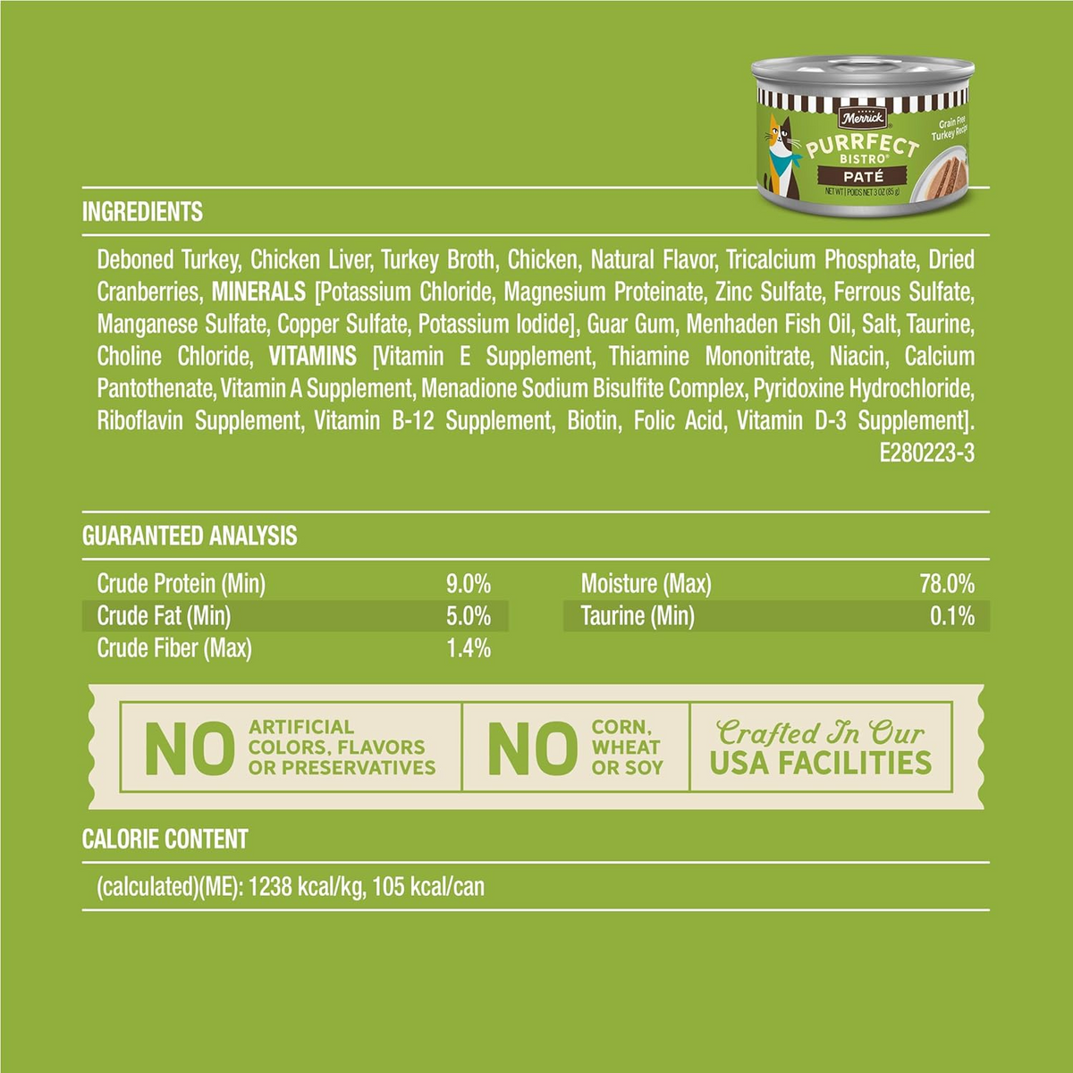 Merrick Purrfect Bistro Grain Free Premium Soft Canned Pate Adult Wet Cat Food, High Protein Turkey Recipe