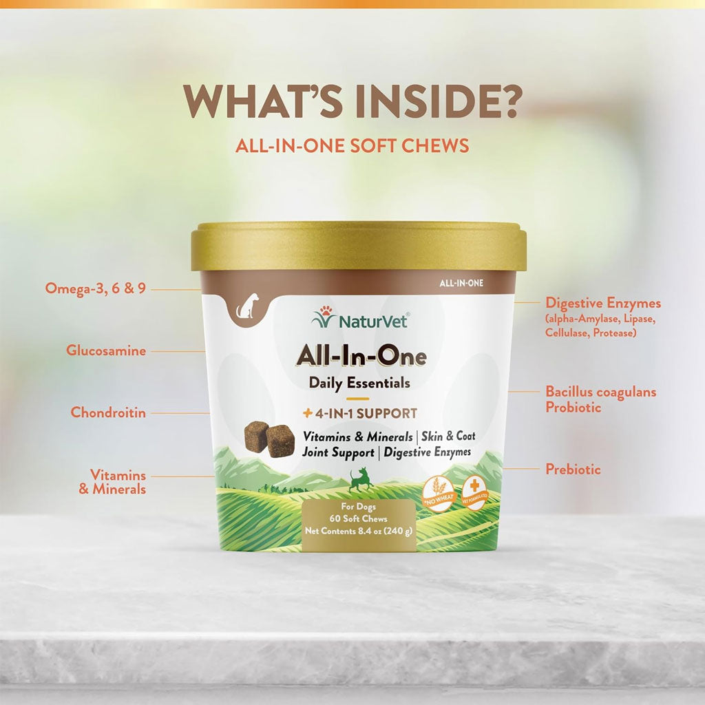 NaturVet All-In-One Daily Esentials Plus 4-in-1 Support for Dogs, 60 soft chews
