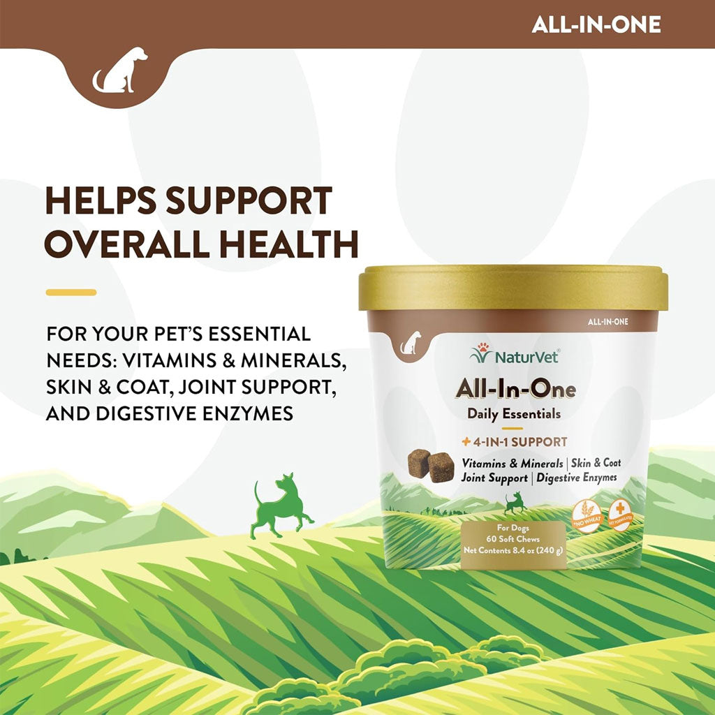 NaturVet All-In-One Daily Esentials Plus 4-in-1 Support for Dogs, 60 soft chews