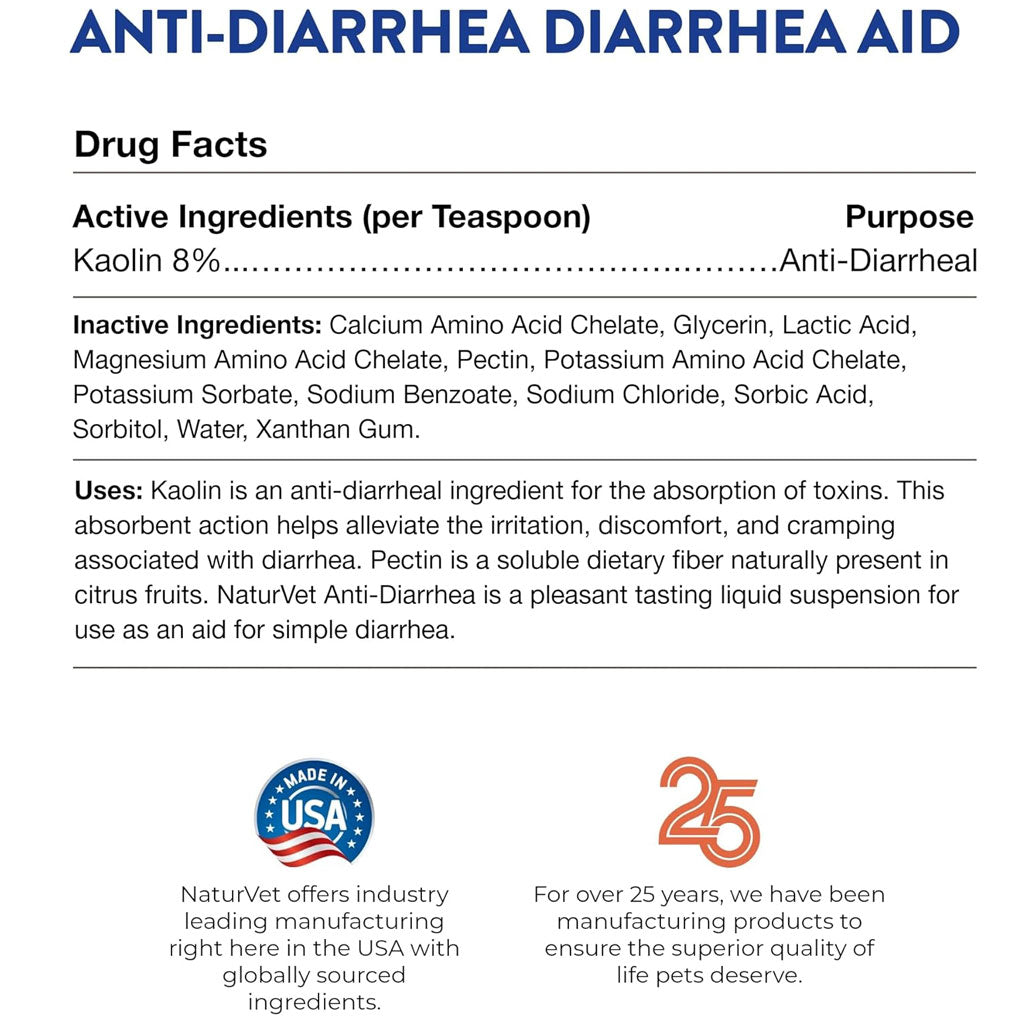 NaturVet Anti-Diarrhea Liquid Diarrhea Aid with Kaolin For Dogs  Cats, 8-oz