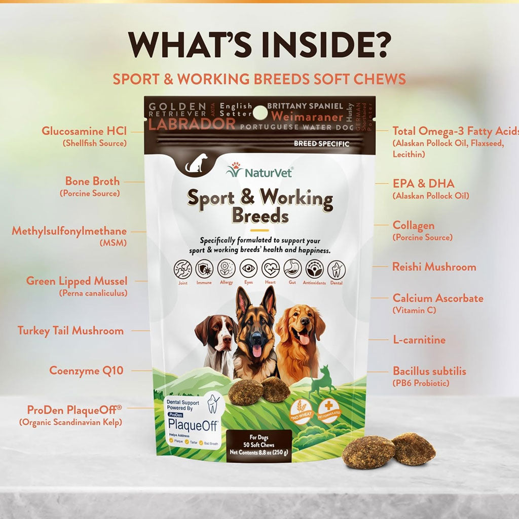 NaturVet Breed Specific Sport & Working Breeds Supplement Soft Chews for Dogs, 50 count
