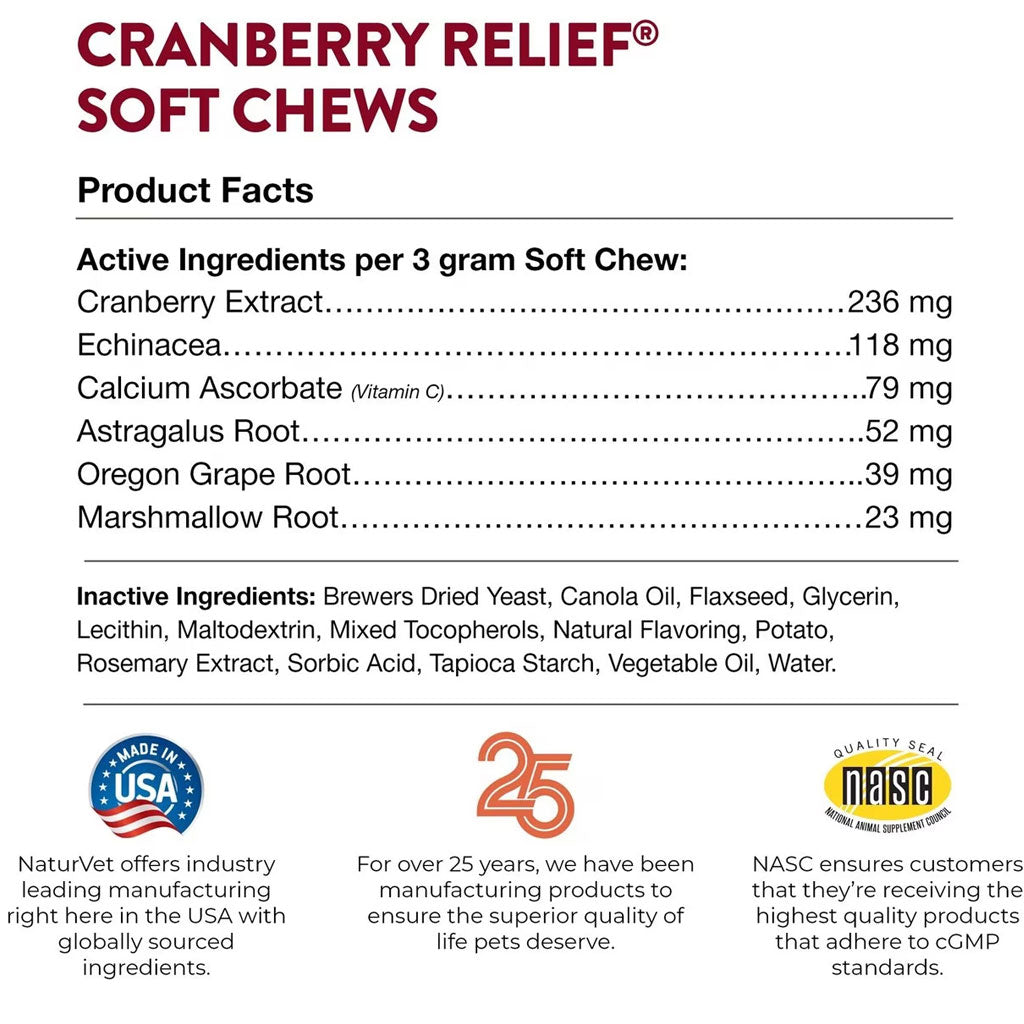 NaturVet Cranberry Relief Plus Echinacea Soft Chew Urinary Supplement for Dogs, 60 count