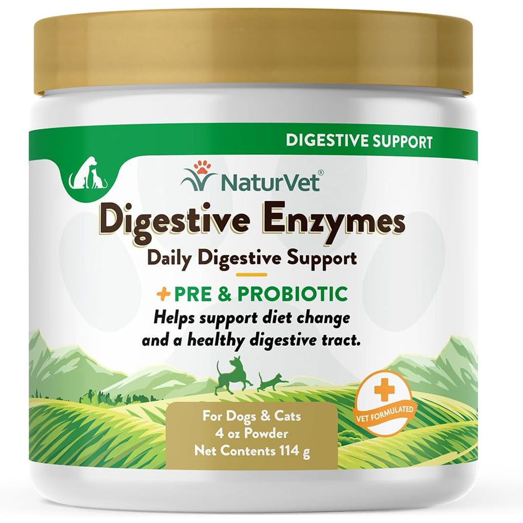 NaturVet Digestive Enzymes Powder Daily Digestive Support Plus Pre & Probiotic for Dogs & Cats, 4-oz