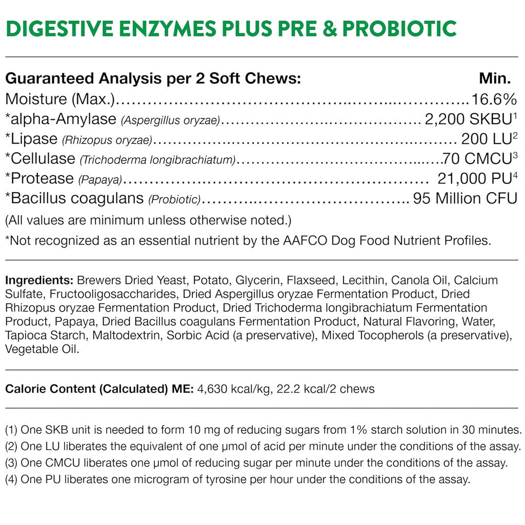 NaturVet Digestive Enzymes Soft Chews Daily Digestive Support Plus Pre & Probiotic for Dogs, 120 count