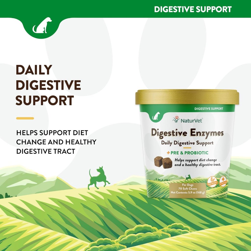NaturVet Digestive Enzymes Soft Chews Daily Digestive Support with Pre & Probiotic for Dogs, 70 count