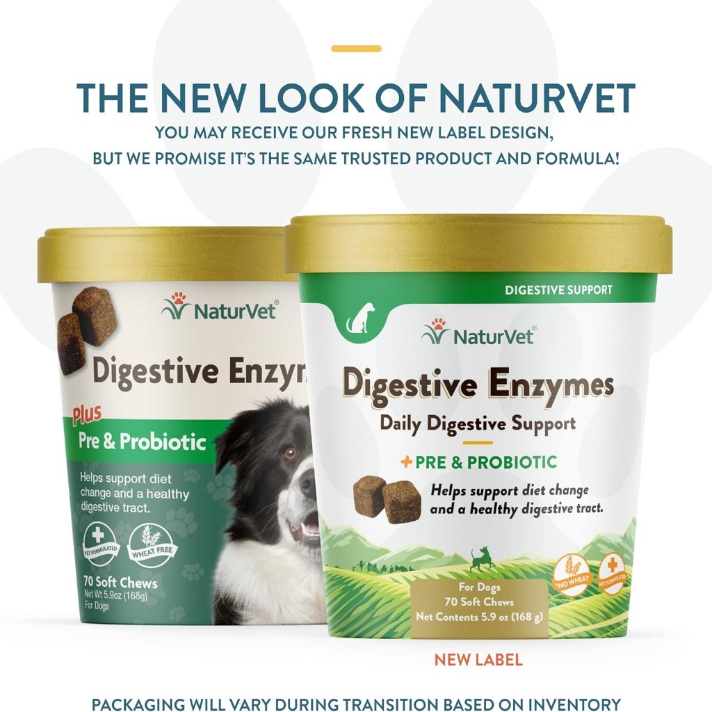 NaturVet Digestive Enzymes Soft Chews Daily Digestive Support with Pre & Probiotic for Dogs, 70 count