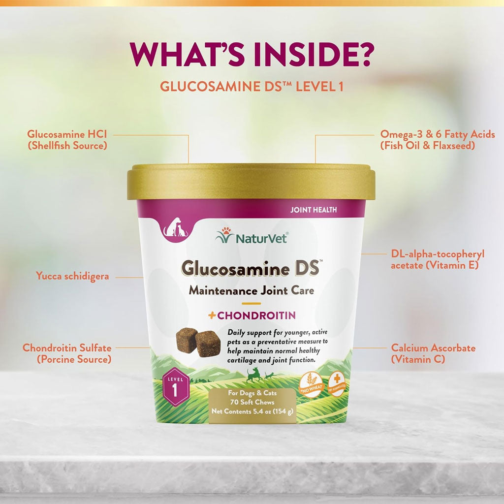 NaturVet Glucosamine DS Level 1 Soft Chews with Chondroitin for Dogs & Cats, 70 count