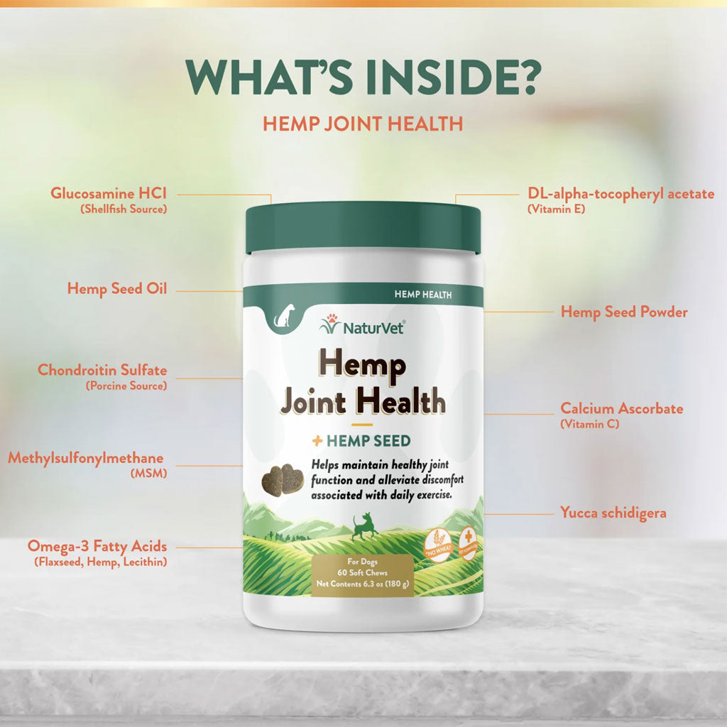 NaturVet Hemp Joint Health Plus Hemp Seed Soft Chews for Dogs, 60 count
