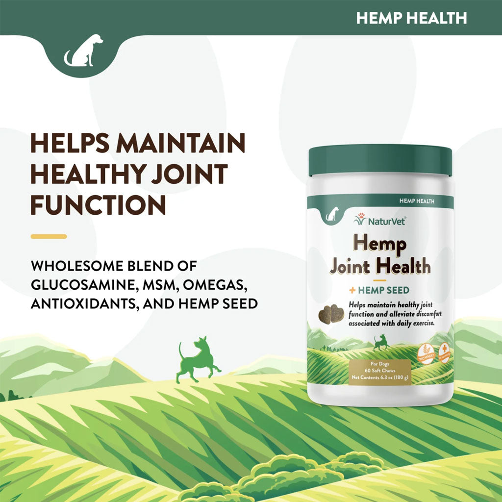 NaturVet Hemp Joint Health Plus Hemp Seed Soft Chews for Dogs, 60 count