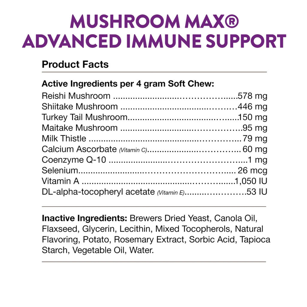 NaturVet Mushroom Max Advanced Immune Support Soft Chews for Dogs & Cats, 60 count