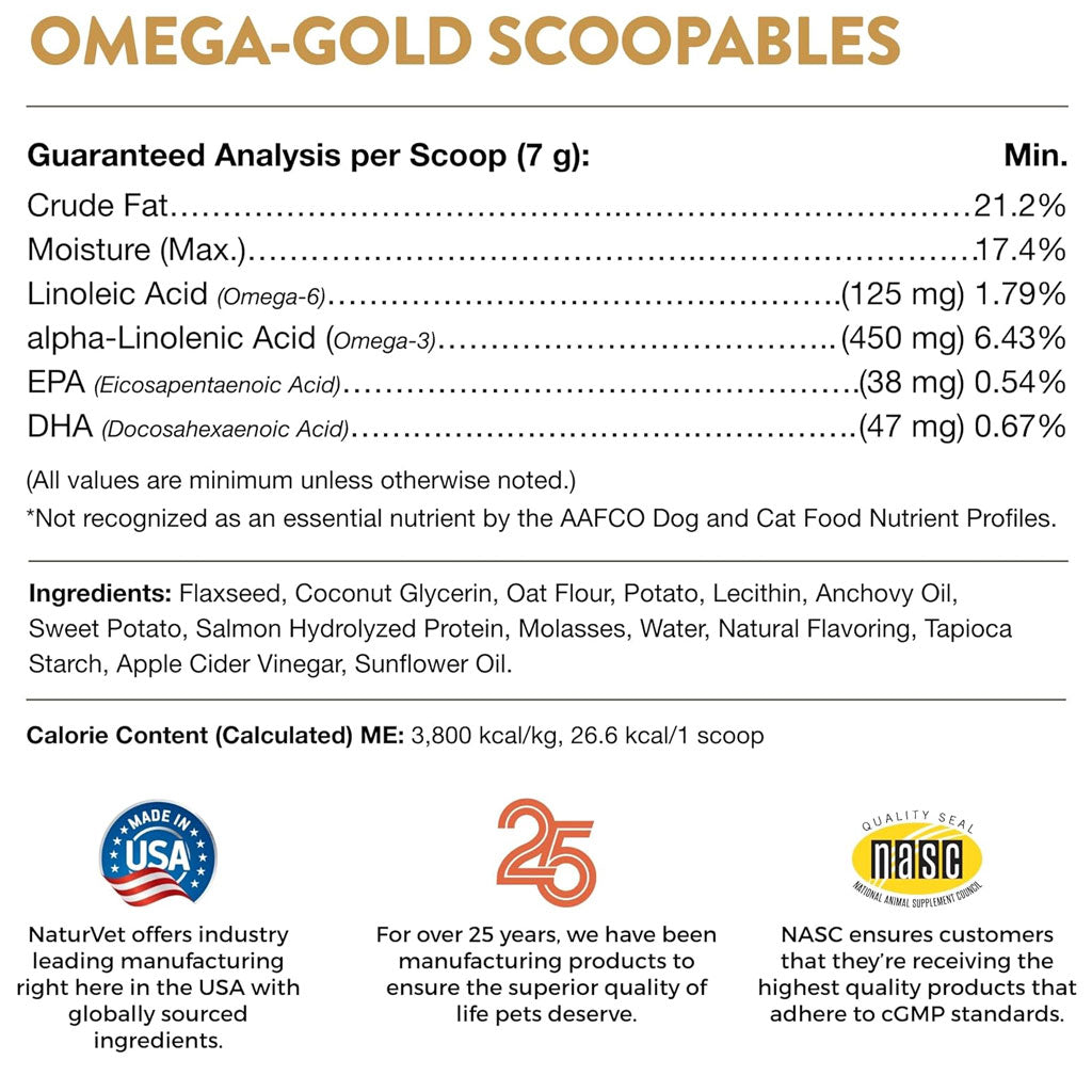 NaturVet Scoopables Omega-Gold Essential Fatty Acids Plus Anchovy Oil & Salmon Protein for Cats & Dogs, 11-oz