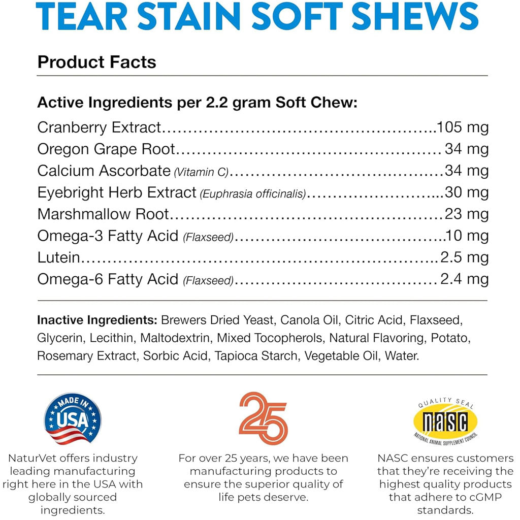 NaturVet Tear Stain Supplement Soft Chews with Lutein for Dogs & Cats, 70 count
