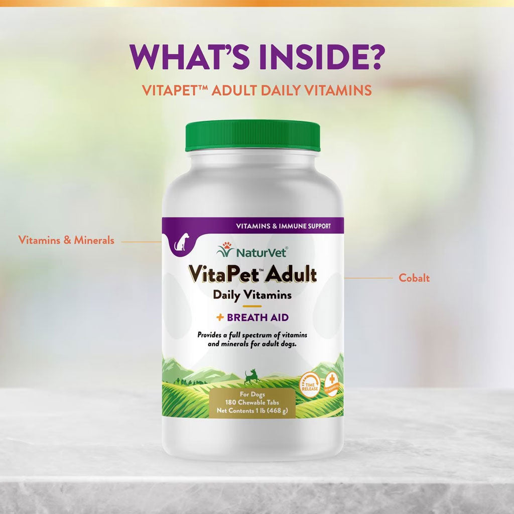 NaturVet VitaPet Adult Plus Breath Aid Chewable Tablets Multivitamin for Dogs