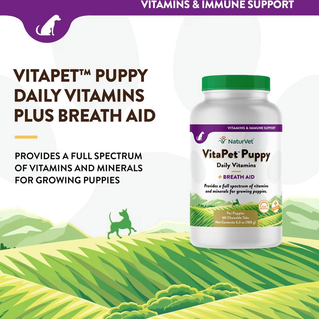 NaturVet VitaPet Puppy Plus Breath Aid Chewable Tablets Multivitamin for Dogs, 60 count