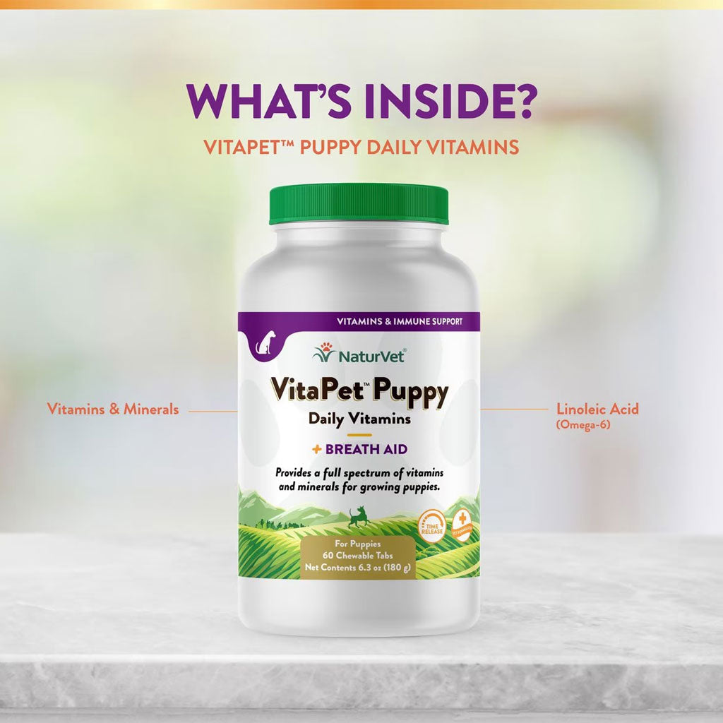 NaturVet VitaPet Puppy Plus Breath Aid Chewable Tablets Multivitamin for Dogs, 60 count