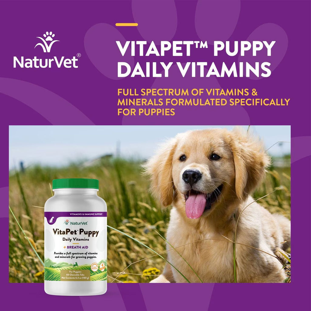 NaturVet VitaPet Puppy Plus Breath Aid Chewable Tablets Multivitamin for Dogs, 60 count