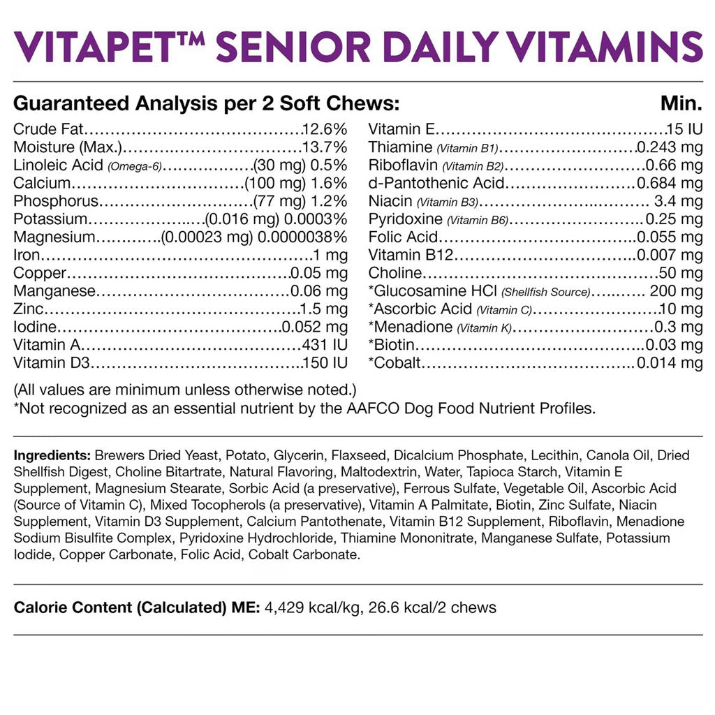 NaturVet VitaPet Senior Daily Vitamins Plus Glucosamine Dog Supplement, 60 count