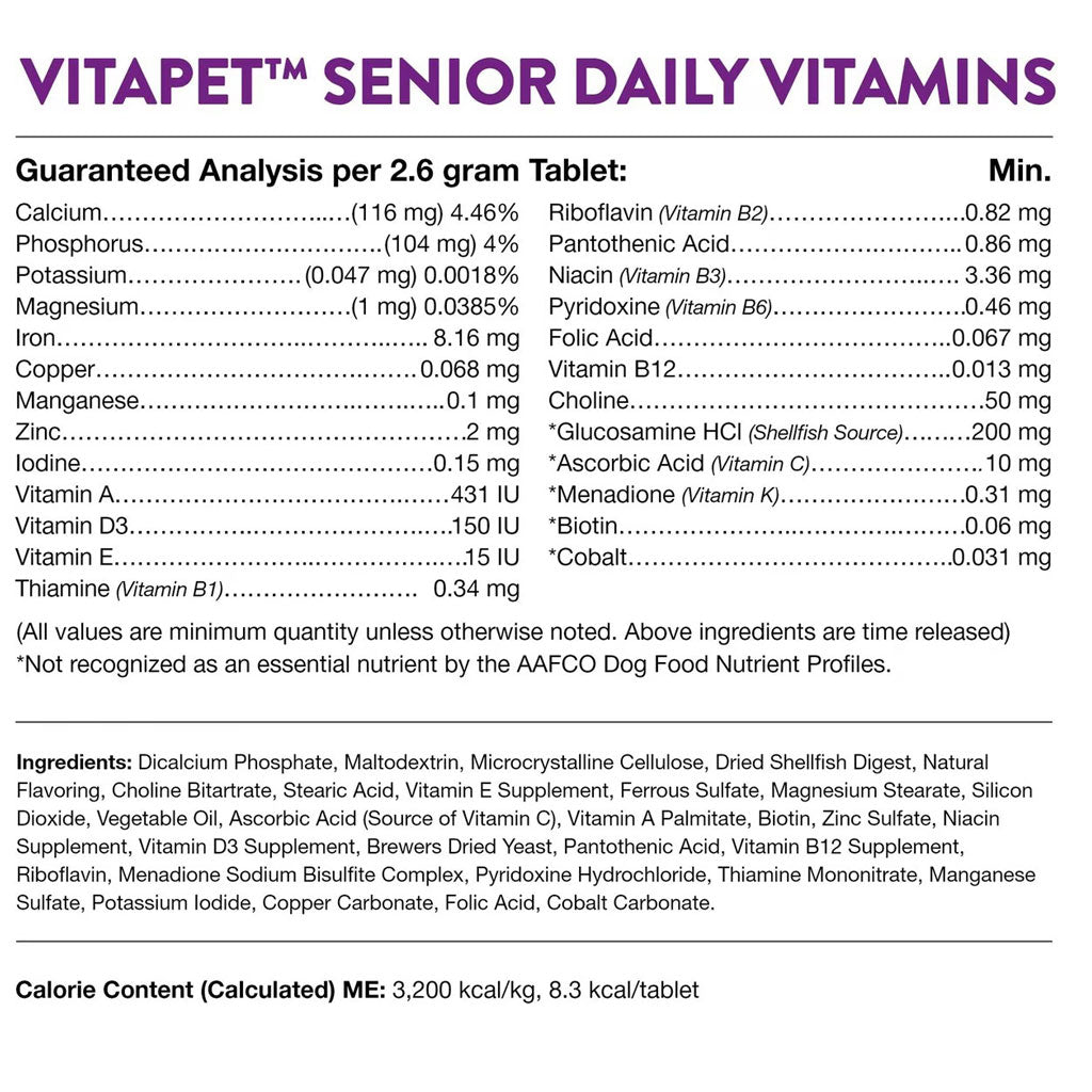 NaturVet VitaPet Senior Daily Vitamins Plus Glucosamine Dog Supplement, 60 count