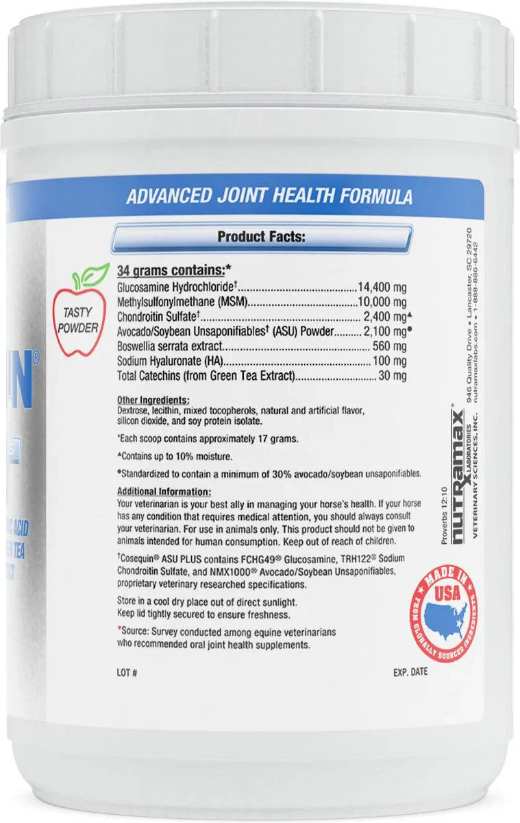 Nutramax Cosequin ASU Joint Health Supplement for Horses - Powder with Glucosamine, Chondroitin, MSM, ASU, Green Tea Extract, and Hyaluronic Acid, 1050 Grams