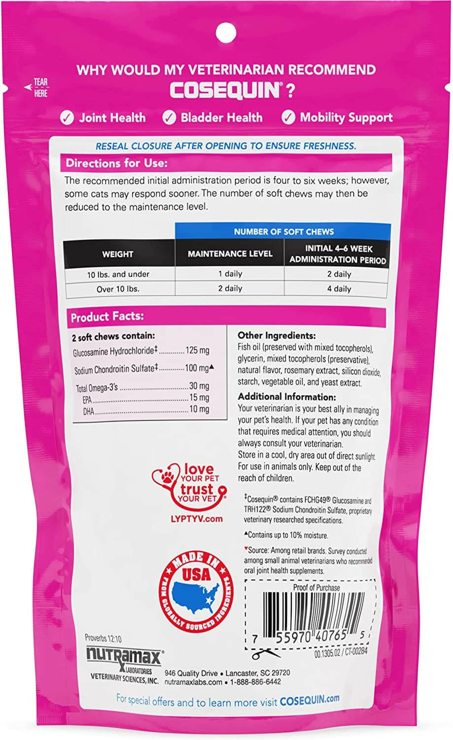 Nutramax Cosequin Joint Health Supplement for Cats - With Glucosamine, Chondroitin, and Omega-3's, 60 Soft Chews