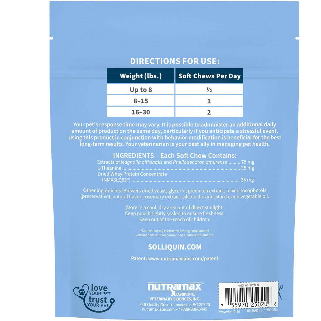Nutramax Solliquin Calming Behavioral Health Supplement for Small to Medium Dogs and Cats - With L-Theanine, Magnolia / Phellodendron, and Whey Protein Concentrate, 75 Soft Chews