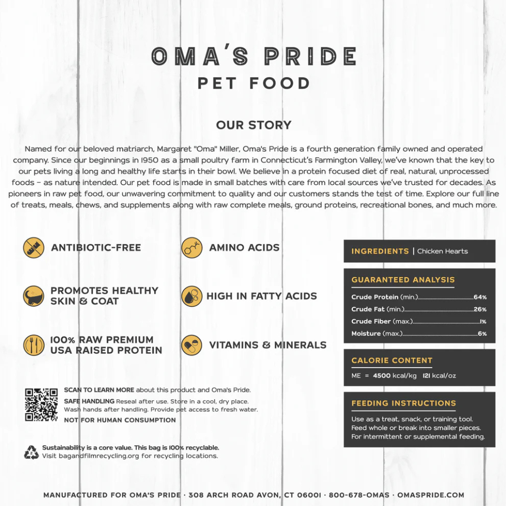 Oma's Pride Freeze-Dried Chicken Hearts Dog & Cat Treats