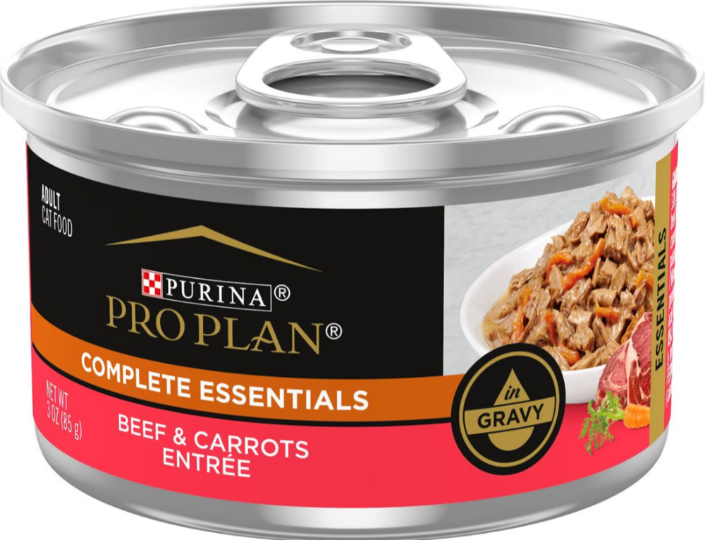 Purina Pro Plan Complete Essentials Adult Beef Entree in Gravy with Carrots Canned Cat Food, 3-oz, case of 24
