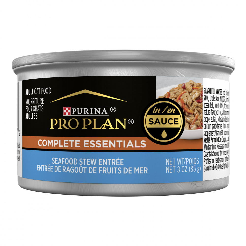 Purina Pro Plan Complete Essentials Adult Seafood Stew Entree in Sauce Canned Cat Food, 3-oz, case of 24