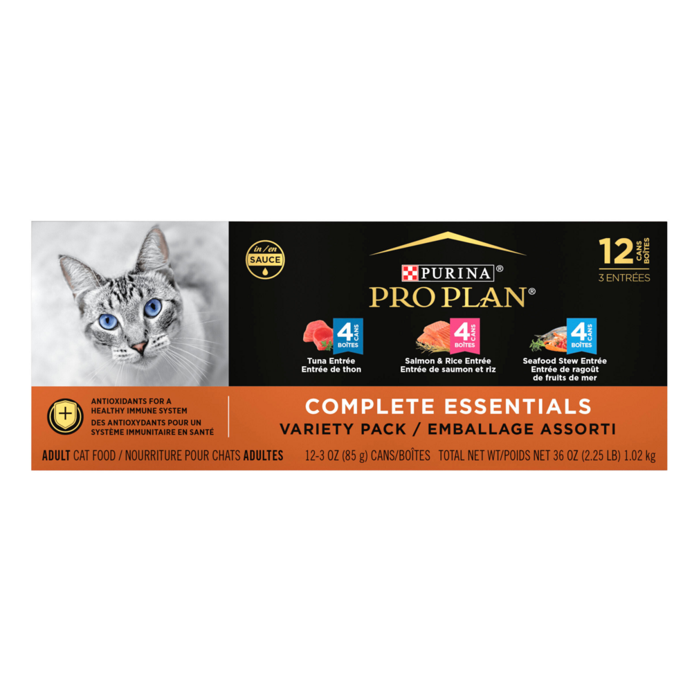 Purina Pro Plan Complete Essentials Seafood Entrees Variety Pack Adult Canned Cat Food, 3-oz, case of 12