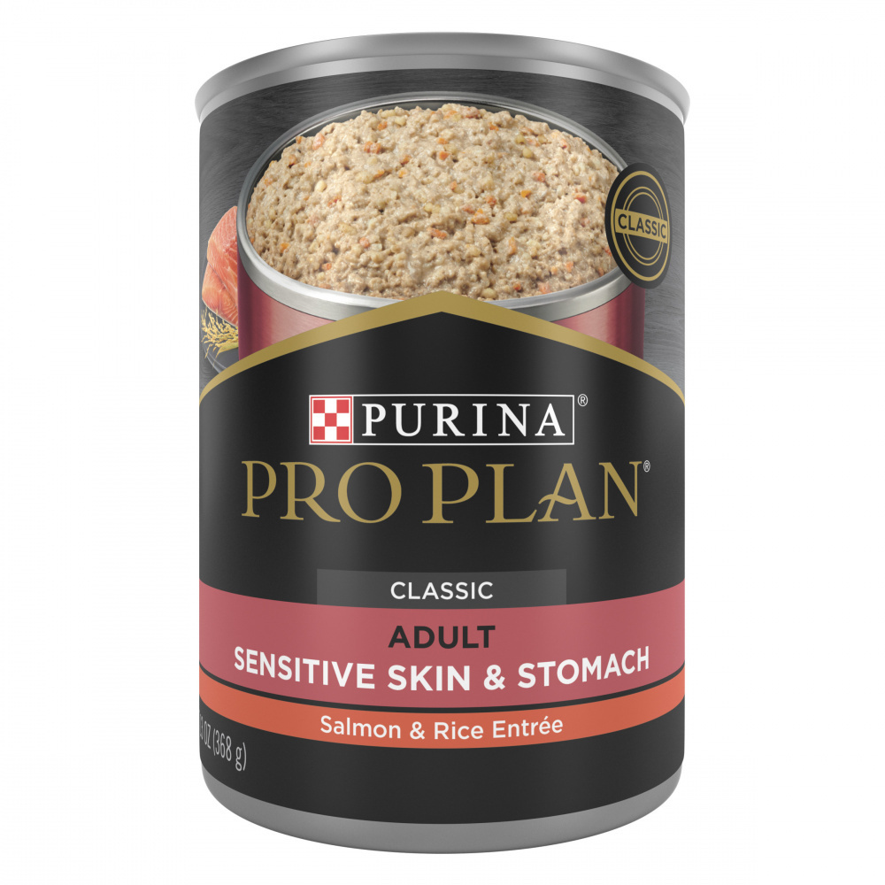 Purina Pro Plan Focus Sensitive Skin & Stomach Salmon & Rice Pate Canned Dog Food, 13-oz, case of 12