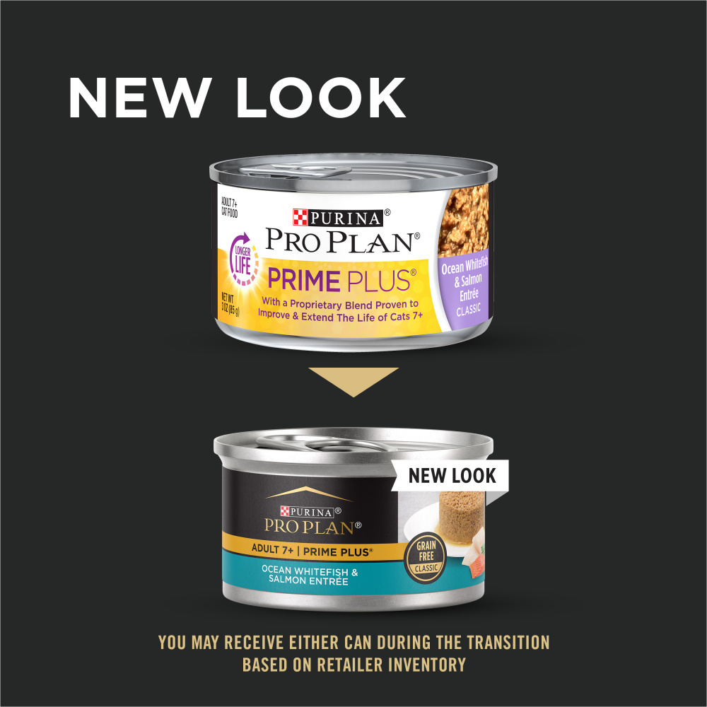 Purina Pro Plan Prime Plus 7+ Ocean Whitefish & Salmon Entree Classic Canned Cat Food, 3-oz, case of 24