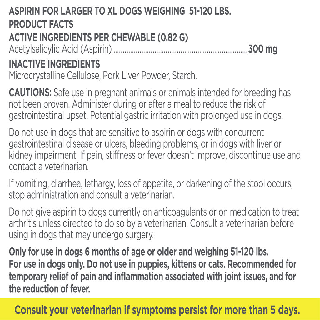 TevraPet Vetality Canine Aspirin for Large & X-Large 51-120 lbs Dogs, 120 Chewable Tablets